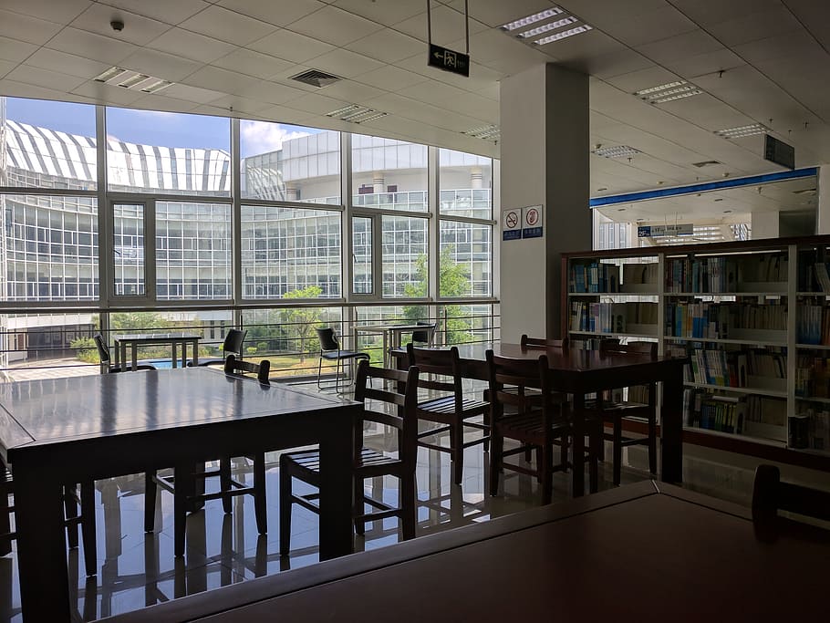 campus, guilin university of electronic technology, library, table, indoors, window, seat, architecture, education, chair