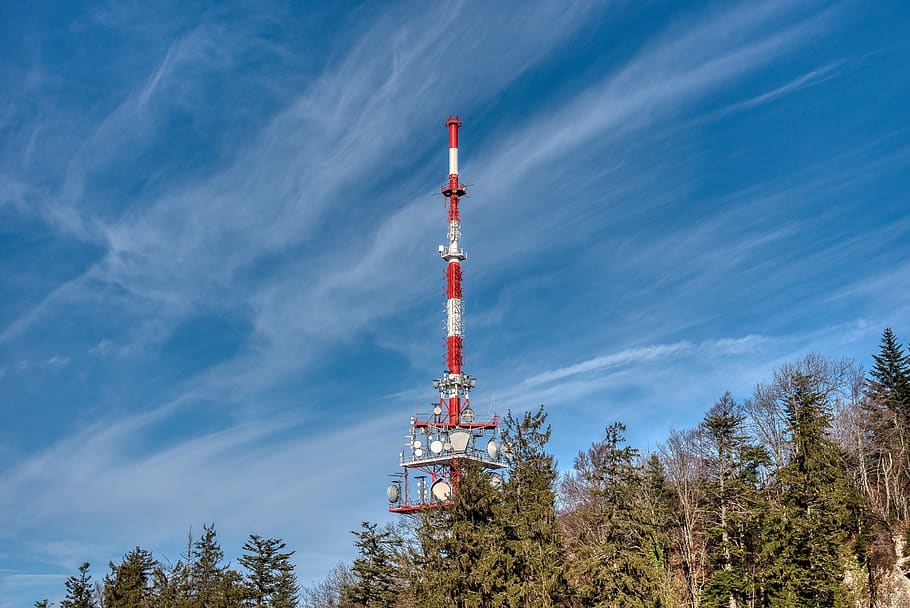 landscape, mountain, tv tower, transmitter, forest, trees, sky, clouds, hair dryer, sunny