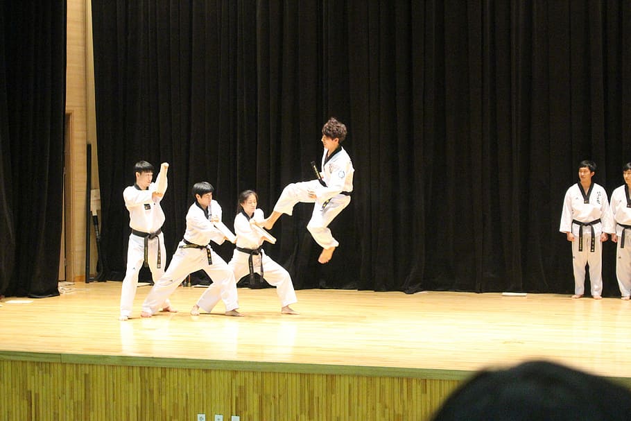 group, people, wearing, dobok, Taekwondo, Kick, Jump, Korea, Sport, martial arts