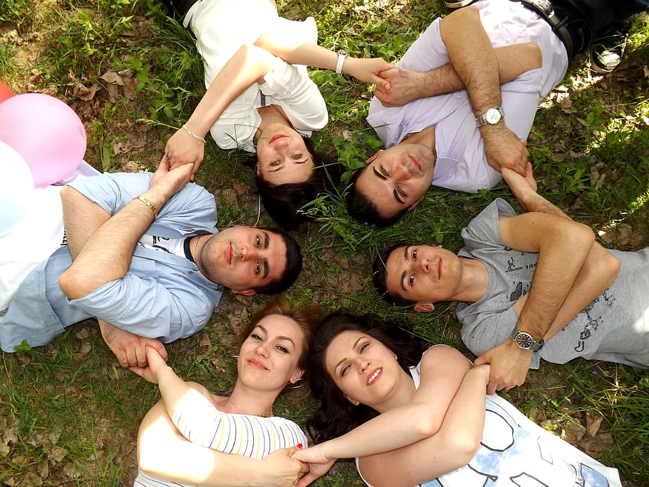 the gang, friendship, buddy, joy, love, funny, group of people, lying down, grass, real people