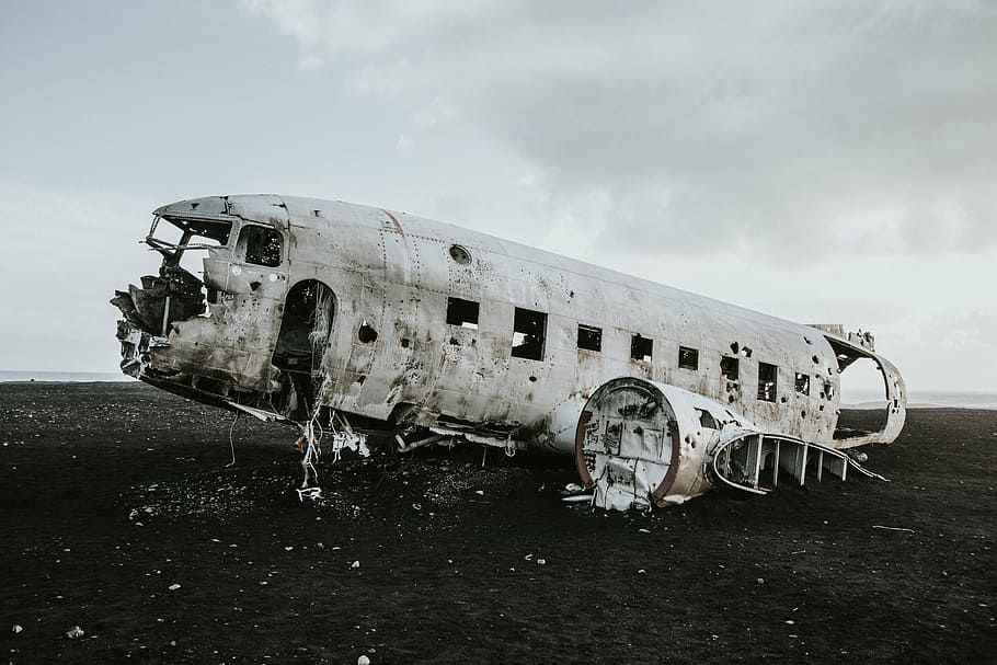 wrecked white airliner, airplane, airline, parts, clouds, sky, parts. clouds, window, things, items