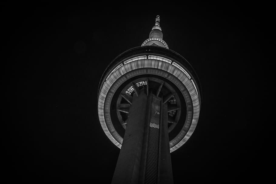 grayscale photography shot, Toronto, Cn Tower, Black And White, architecture, black background, building exterior, outdoors, time, built structure