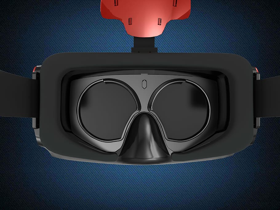 black, red, vr goggles, products, effect picture, vr, close-up, indoors, blue, technology