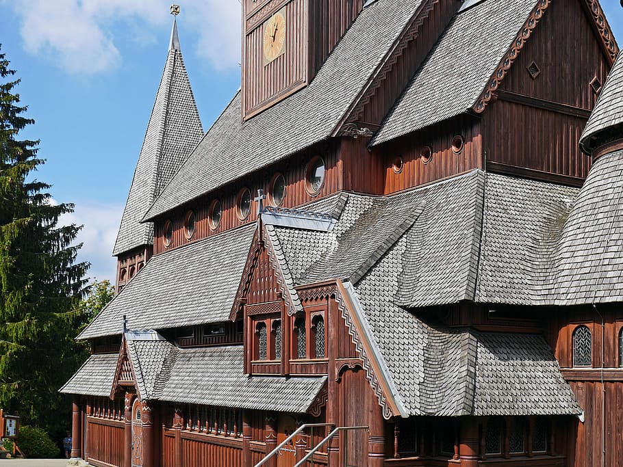 brown, gray, house, pine tree, stave church, roof landscape, artfully, rugged, dormer windows, firste