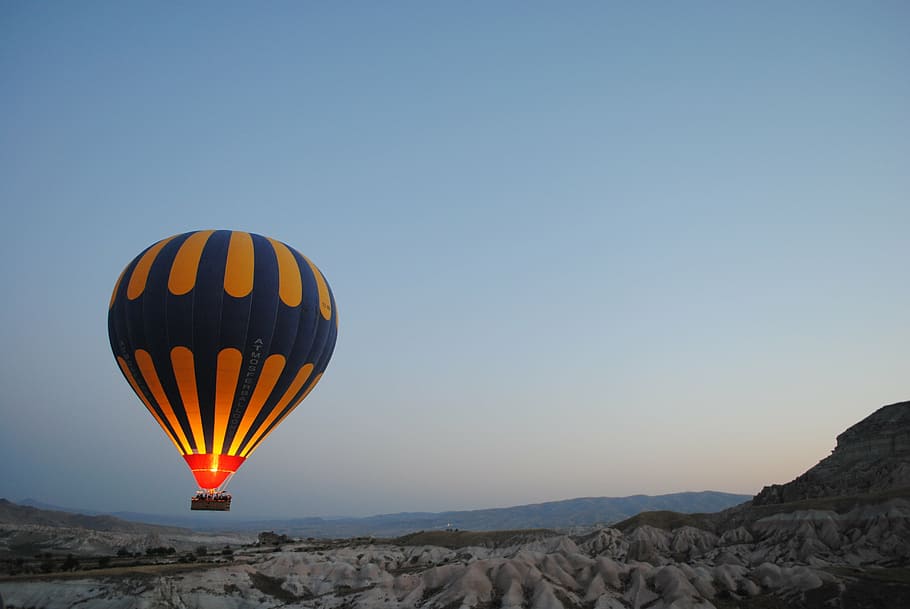 blue, yellow, hot, air balloon, hovering, mountain, hot air balloon, ballooning, balloon, air