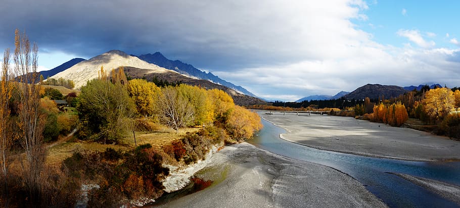 Emas, Sungai Shotover, Otago, sungai yang mengalir, gunung, langit, awan - langit, pohon, scenics - alam, lanskap