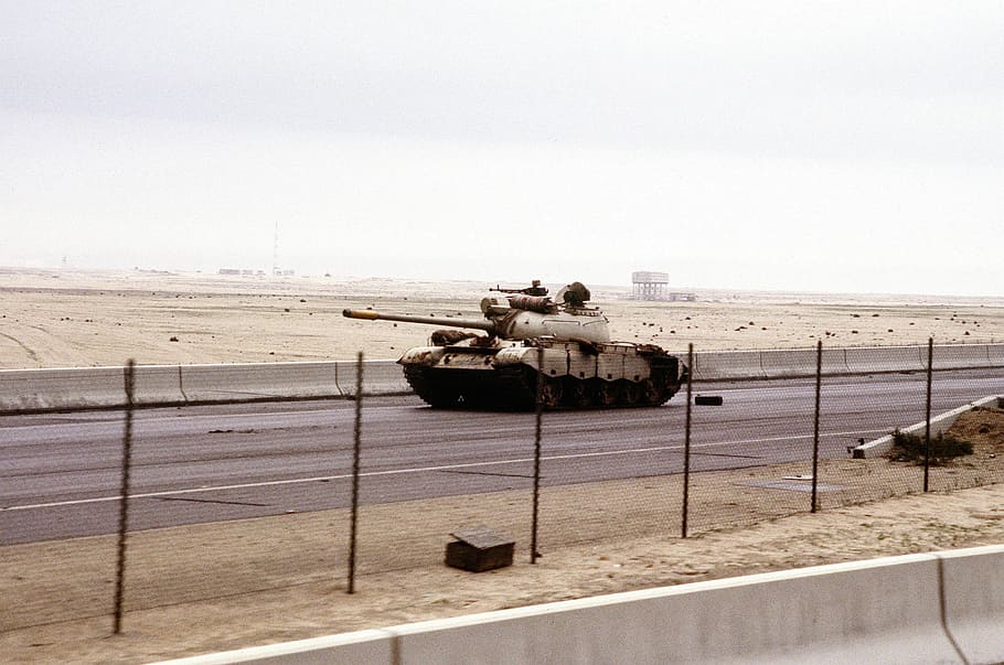 iraqi type 69 tank, road, Iraqi, Type 69, tank, on the road, Kuwait City, Gulf War, photos, kuwait
