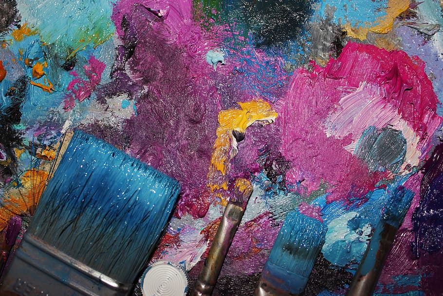 four, paintbrushes, top, pink, blue, abstract, painting, paint, brush, multi color