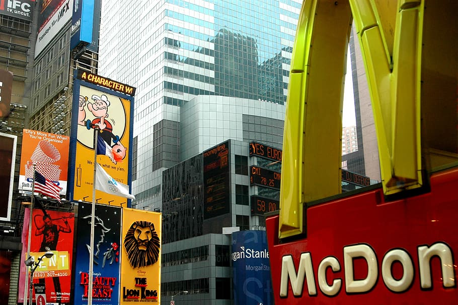 mcdonald signage, new york, mc donalds, avenue, skyscrapers, building exterior, architecture, city, built structure, text