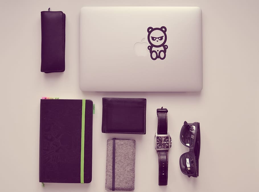 macbool perak, perak, notebook, catatan, pena, jam, kacamata hitam, kutu buku, notepad, kantor