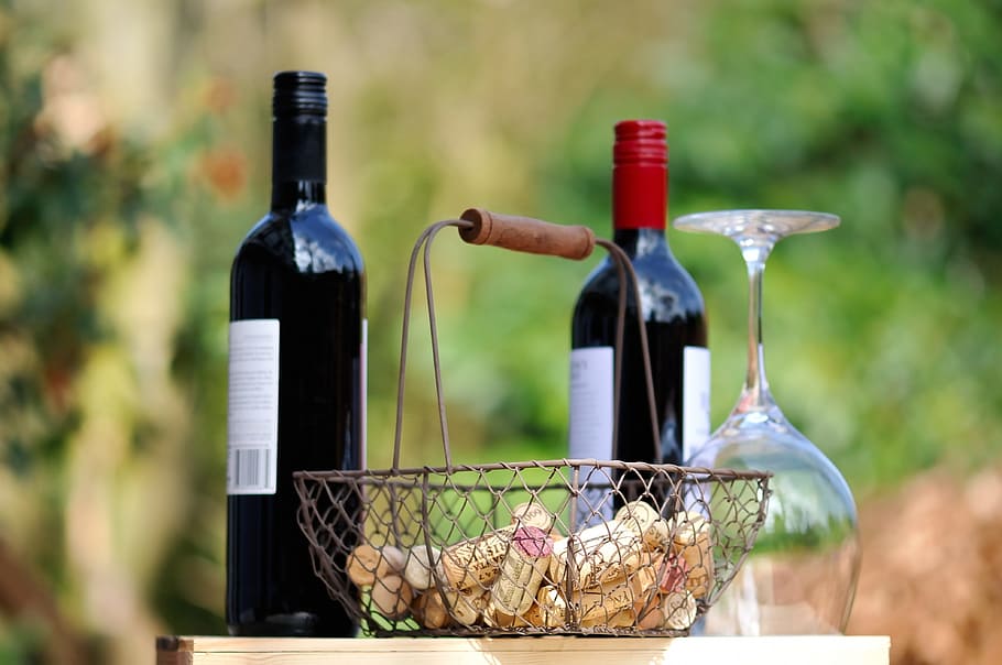 two, wine bottles, gray, metal basket, wine, beverages, drink, alcohol, glass, red