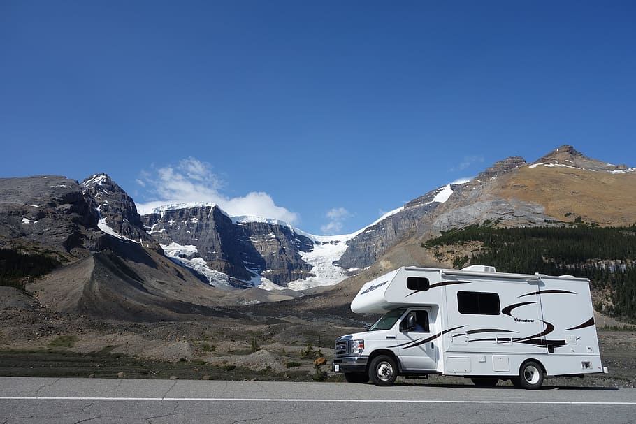 motorhome, passing, mountain alps, mobile home, rv, canada, british columbia, mountains, icefields, banff