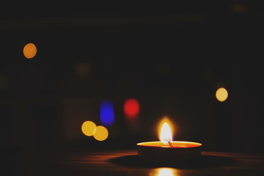 foto macro, candelita, oscuro, noche, habitación, bokeh, luz, fuego, vela, llama