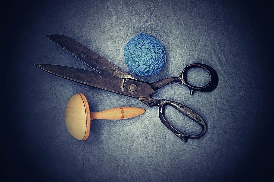 gray, scissors, blue, yarn, old, sewing, on peace, work, couture, dress