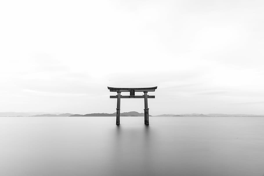 fotografi abu-abu, kayu, arche, tori, torii, kuil, bw, hitam dan putih, Jepang, tengara