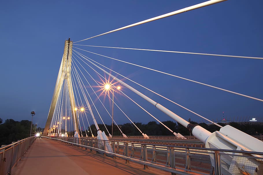 jembatan, modern, warsaw, jembatan swietokrzyski, malam, cahaya, lentera, lalu lintas, pariwisata, yang disorot