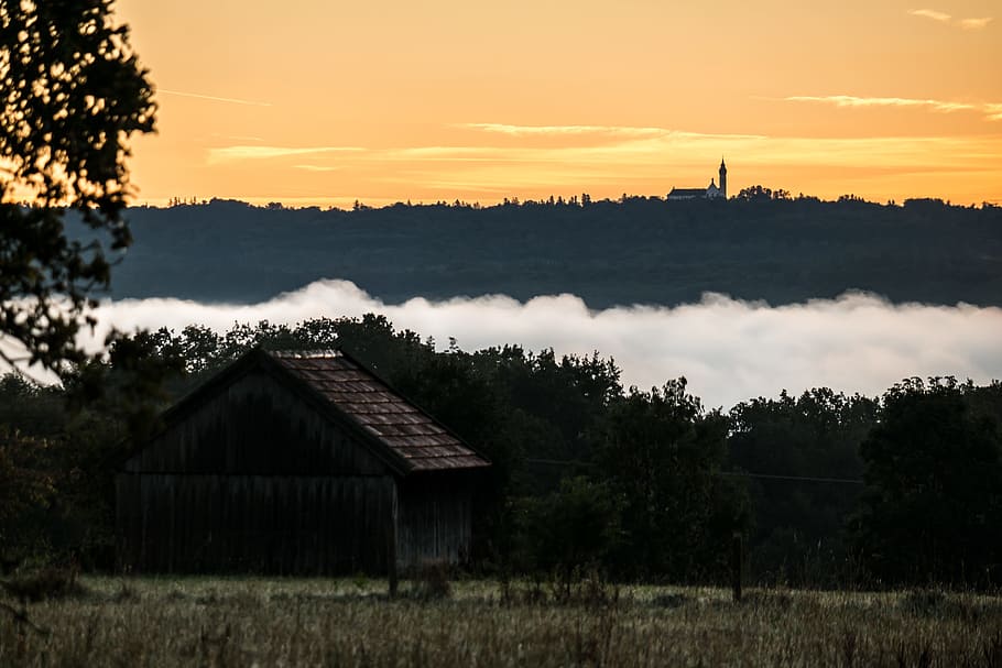 Sunrise, Fog, Clouds, Ammersee, andechs monastery, monastery, church, bavaria, germany, mood