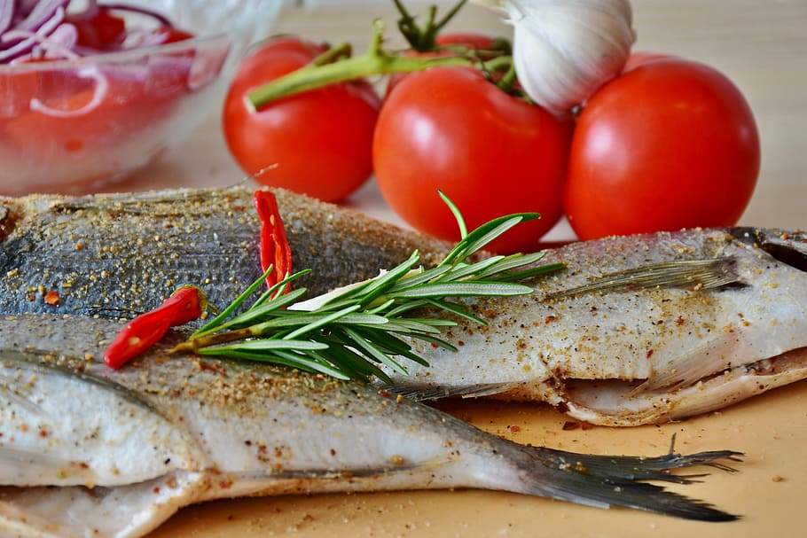 raw, fish, tomatoes, sea bream, uncooked, potatoes, kitchen, cook, food, dine