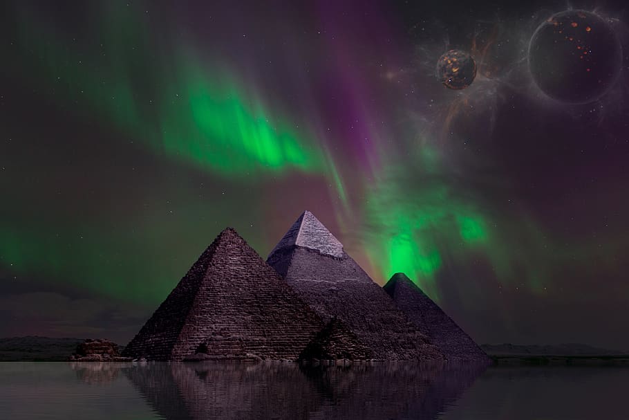 fantasy, pyramids, mystic, space, reflection, night, sky, beauty in nature, scenics - nature, astronomy