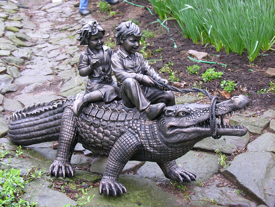 sculpture, statue, alligator, children, backyard, outdoor, stone, art and craft, day, representation