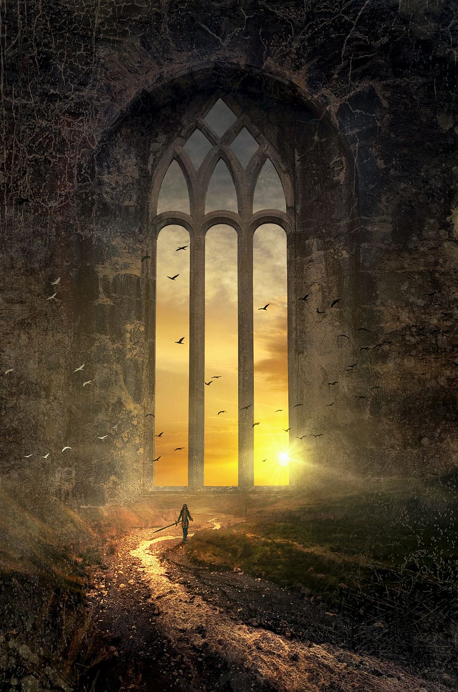 person, standing, window illustration, fantasy, book cover, mystical, window, bach, sun, huge