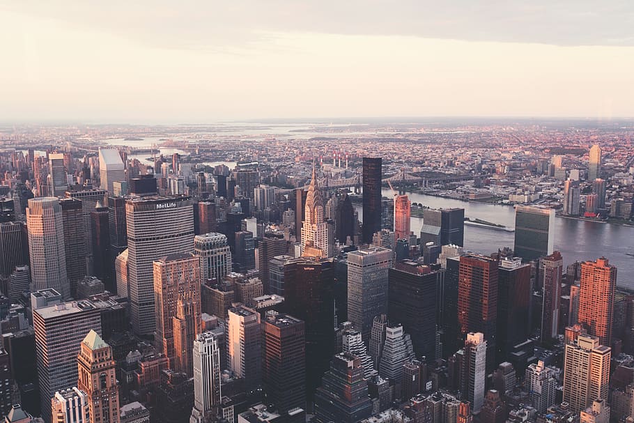 Nueva York, ciudad, Estados Unidos, edificios, torres, rascacielos, tejados, vista, centro de la ciudad, agua
