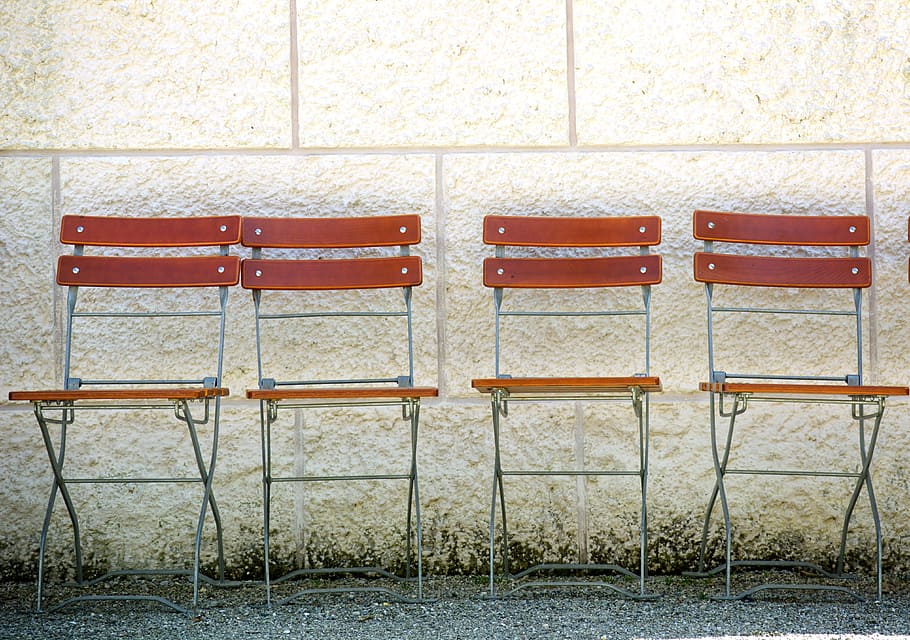 Silla, serie, jardín, grupo, pared, serie de sillas, silla de jardín, juntos, soporte, espera