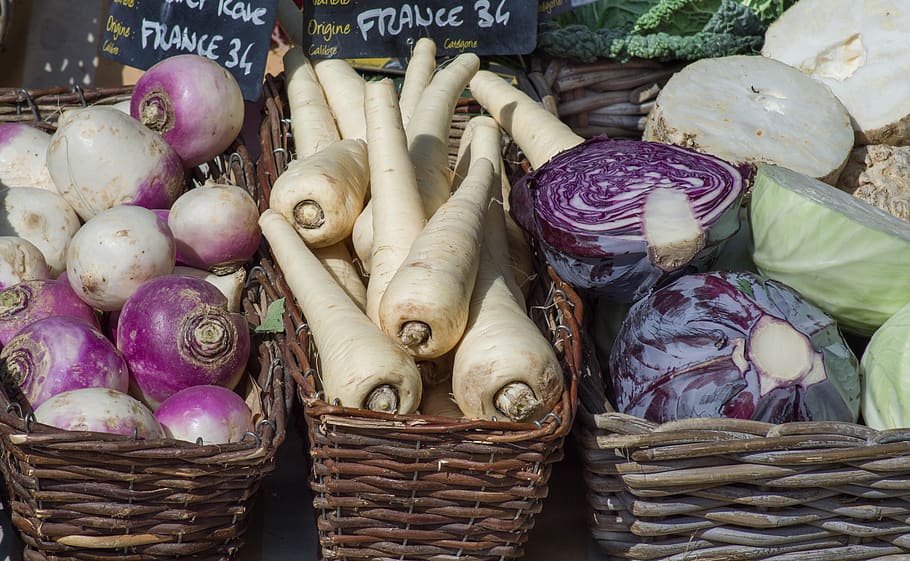 vegetables, turnips, cabbage, harvest, market, food, basket, for sale, retail, freshness