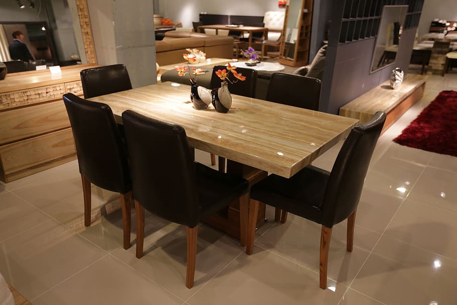 Marrón, madera, mesa, seis, negro, sillas de comedor comedor, conjunto, comedor, mesa de comedor, diseño de interiores