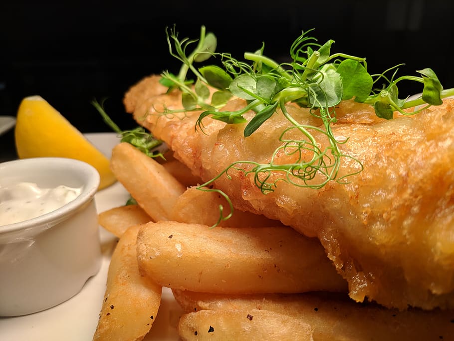 fish and chips, fish, cod, chips, lemon, fish friday, fried, food, dinner, fries