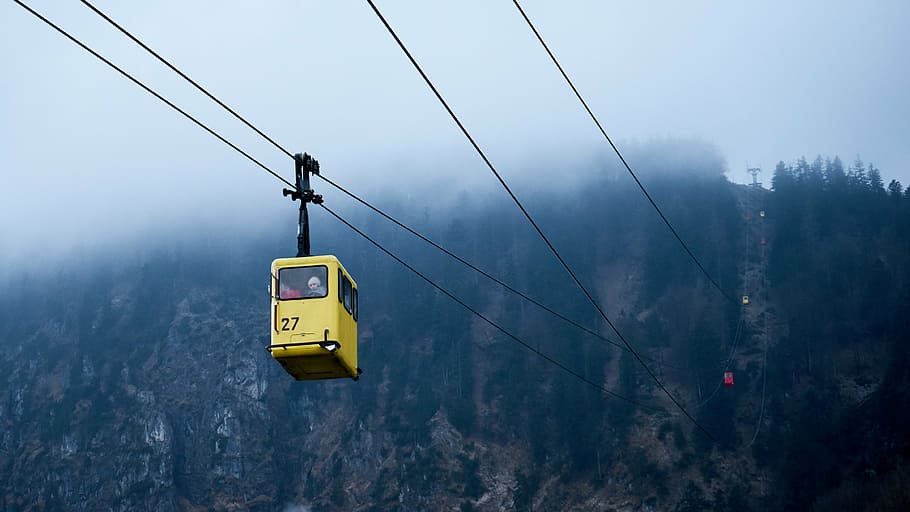 cable cart, mountain, cable car, foggy, outdoors, cable, fog, transportation, danger, overhead cable car