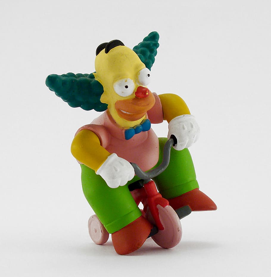 simpsons clown, riding, bicycle toy, clown, simpsons, drawing, toy, snowman, cartoon, characters
