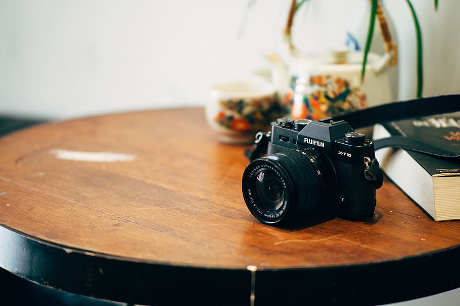 black, camera, lens, photography, fujifilm, wooden, round, table, photography themes, indoors