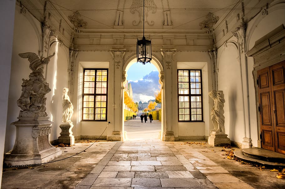 Blanco, hormigón, edificio, interior, Viena, belvedere, entrada, romántico, austria, barroco