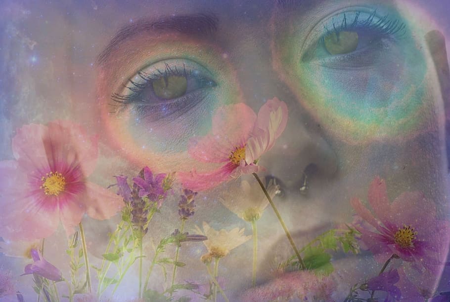 woman, cat-eyes, surrounded, petaled flowers, digital, wallpaper, psychedelic, rainbow colors, flower power, girl