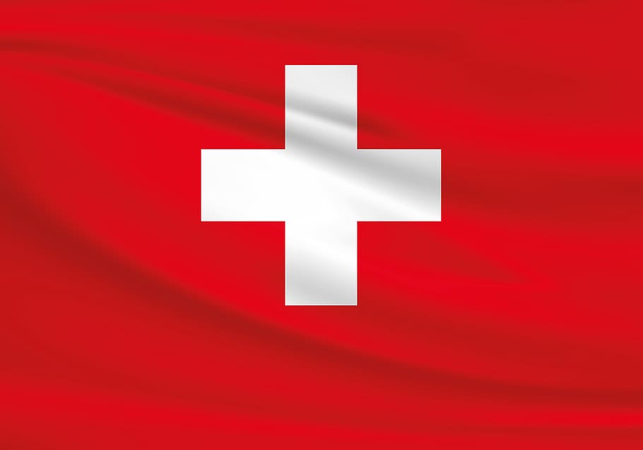 white cross logo, switzerland, flag, cross, white, red, swiss flag, banner, blow, wind