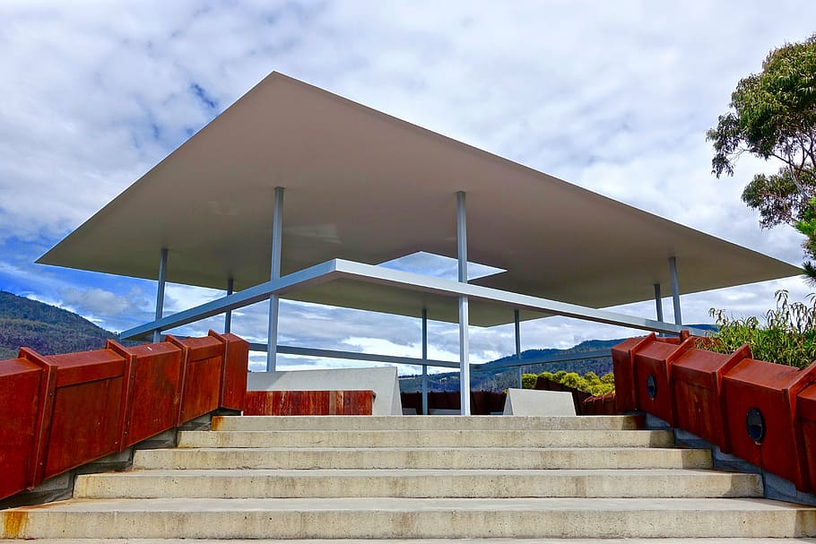 pavillion, mona, tasmania, outlook, modern, floating roof, architecture, staircase, built structure, sky