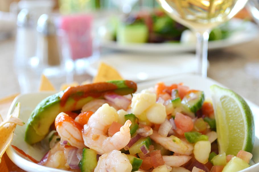 shrimp, ceviche, food, restaurant, lunch, appetizer, seafood, delicious, eat, avocado
