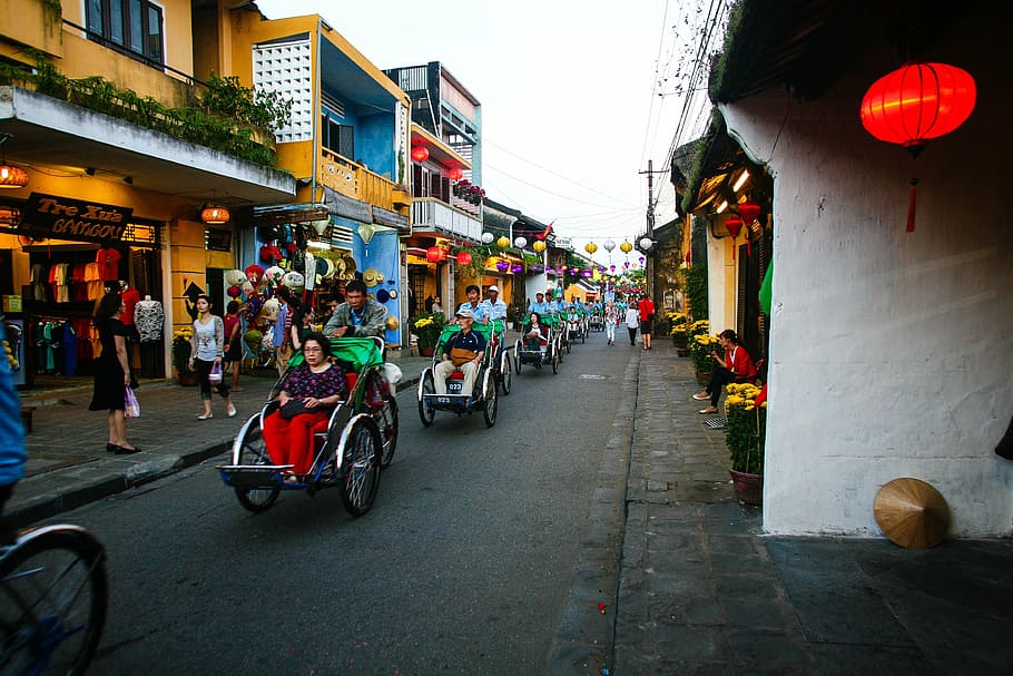 group, people, riding, cart, lantern, hoi an, vietnam, culture, light, indochina