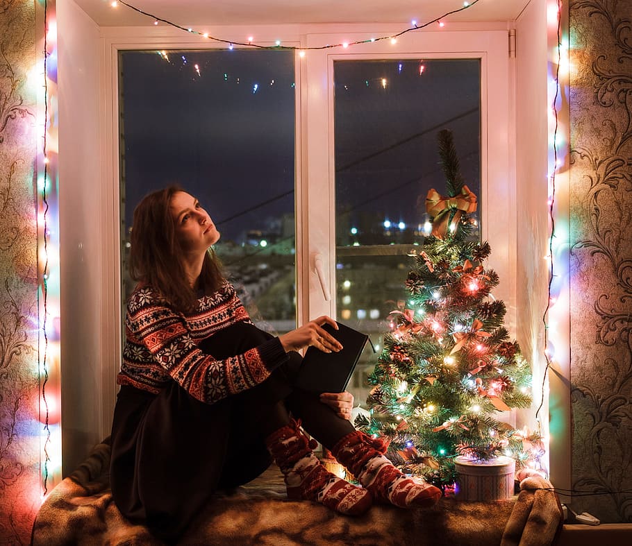 girl, window, swag, lights, light, heat, comfort, christmas tree, mood, new year's eve