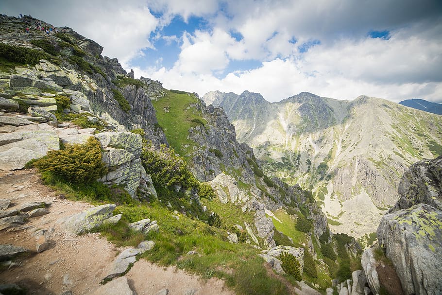 alto, montanhas tatras, Maravilhoso, Tatras altas, Montanhas, Eslováquia, nuvens, grama, caminhadas, natureza