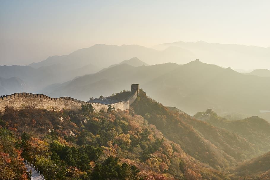 gran, pared, china, montaña, puesta del sol, paisaje, panorámica, gran muralla, frontera, otoño