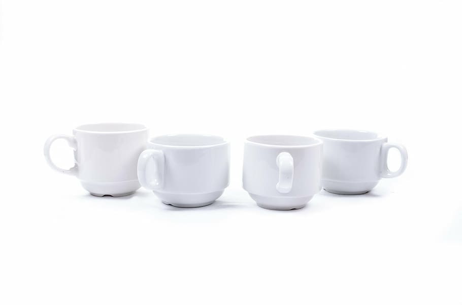 four, white, ceramic, cups, mug, cup, porcelain, front, close-up, isolated