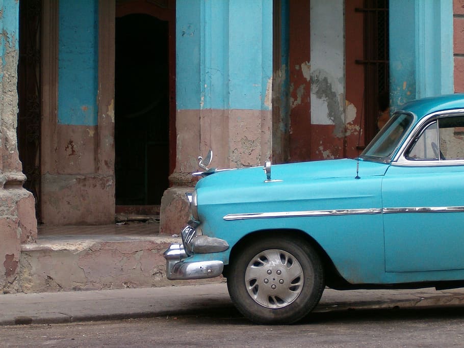 vintage, blue, car, roadside, daytime, cuba, havana, auto, motor vehicle, mode of transportation
