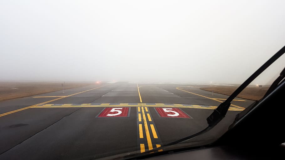 person, aircaft, gray, Airport, Runway, Fog, Airplane, Aircraft, transportation, plane