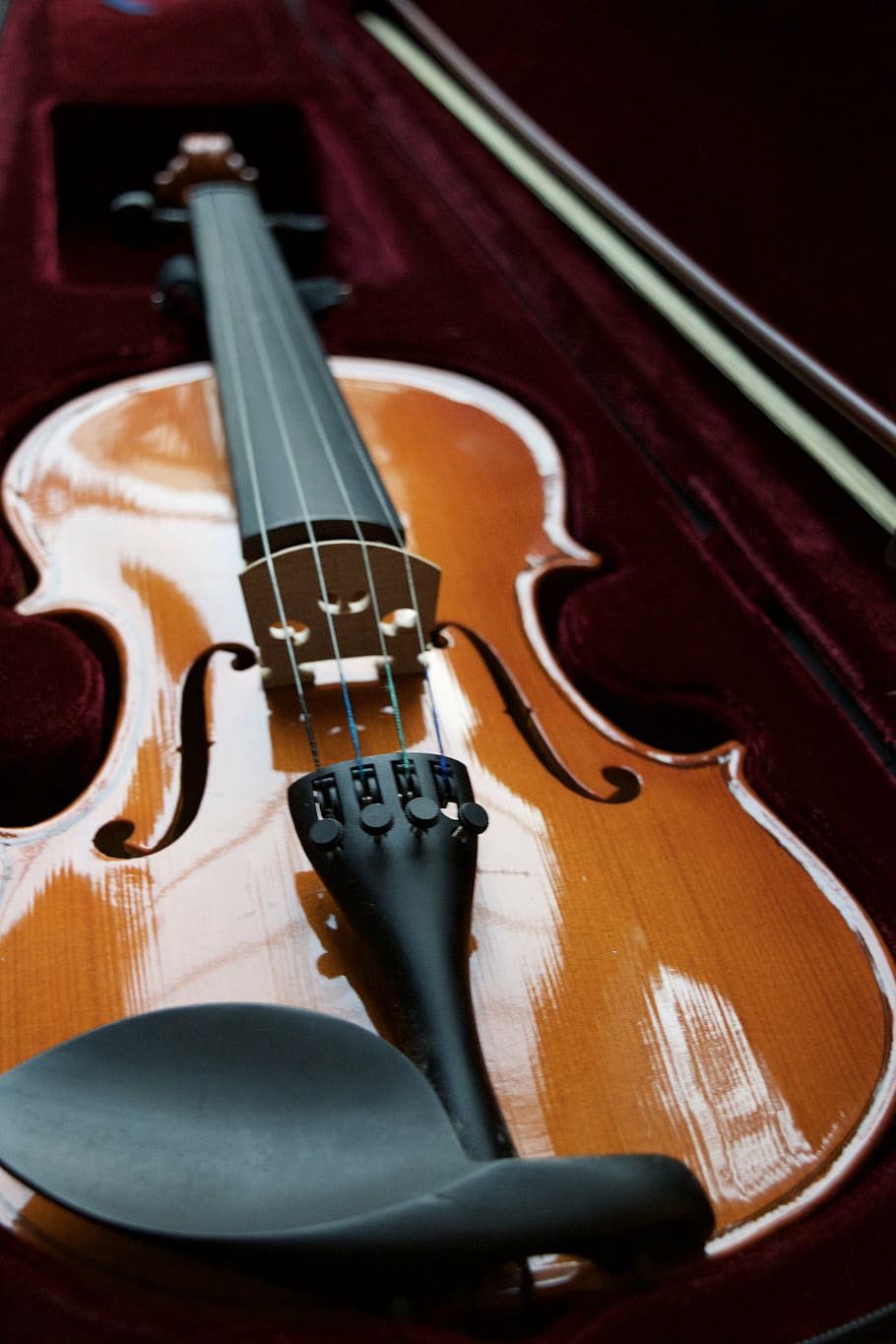 brown, violin, inside, case, velvet, string, bow, wooden, music, musical Instrument