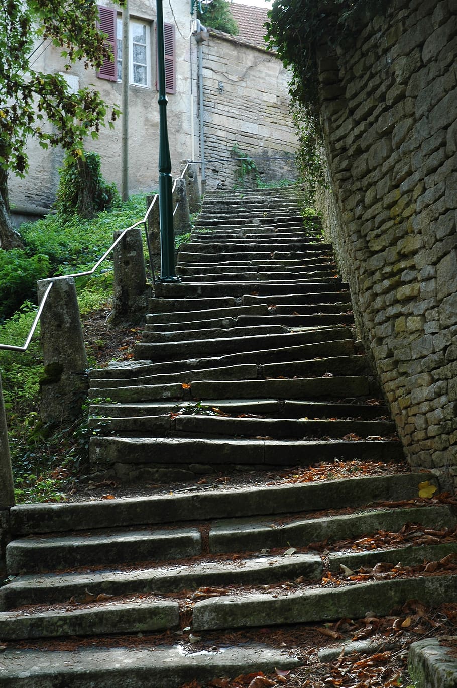 stairs, steep, gradually, rise, village, stair step, stone, railing, architecture, built structure