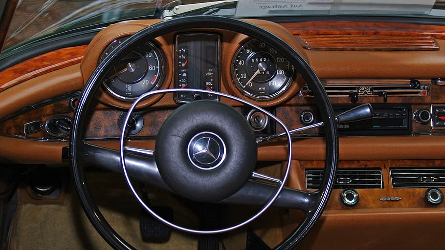 auto, cockpit, mercedes, dashboard, speedometer, tachometer, steering wheel, drive, transport system, oldtimer