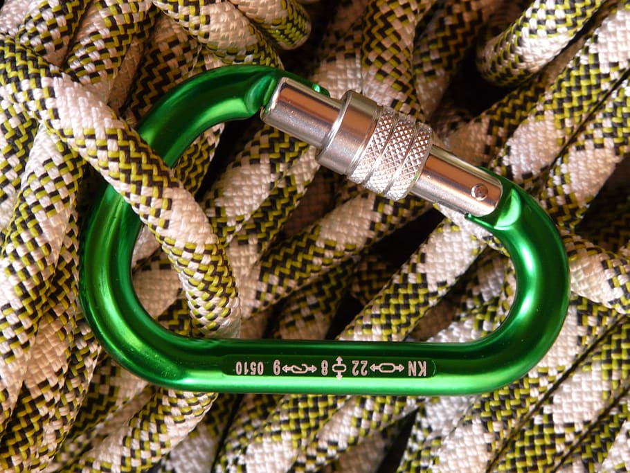 green carabiner, climbing rope, carbine, rope, mountaineering, climb, backup, secure, security, bergsport
