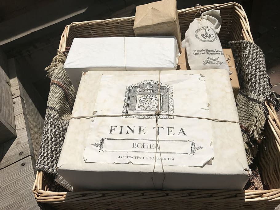 fine, tea box, basket, tea, williamsburg, prop, text, communication, architecture, non-western script